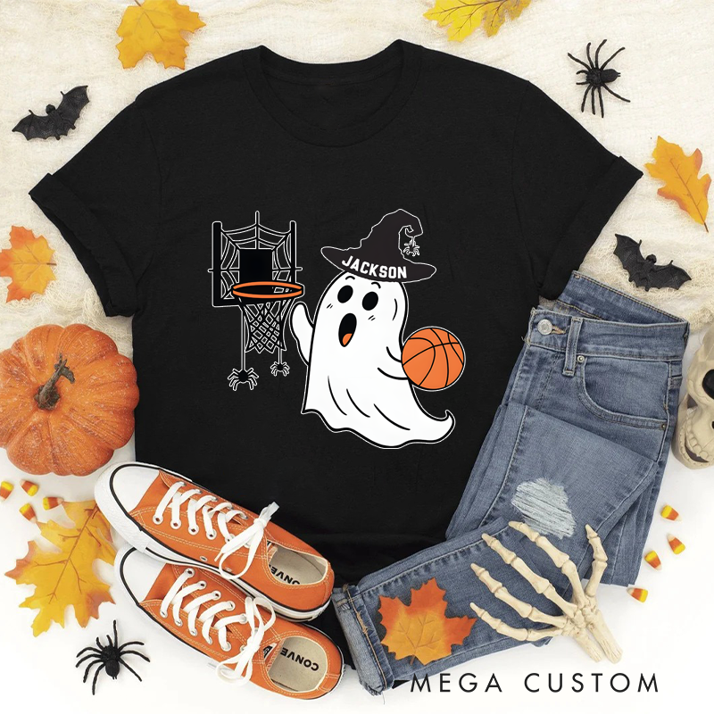 Personalized Halloween Basketball T-Shirt with Ghost, Hoop, and Custom Name Design