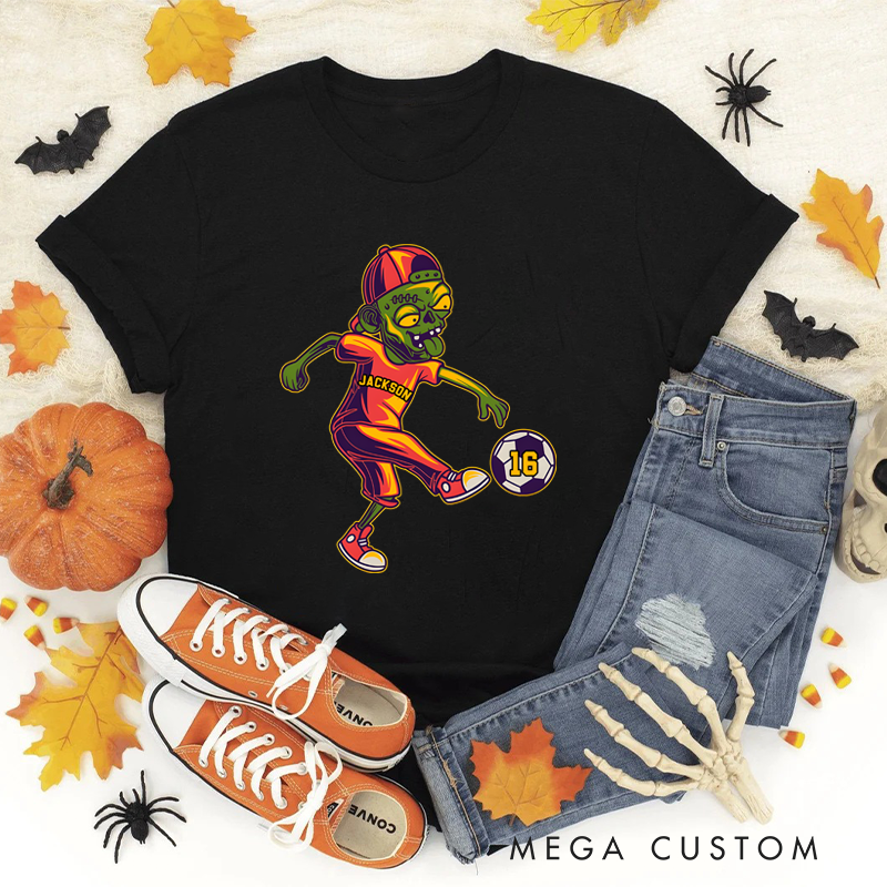 Personalized Halloween Soccer T-Shirt with Zombie Player, Custom Name, and Number Design