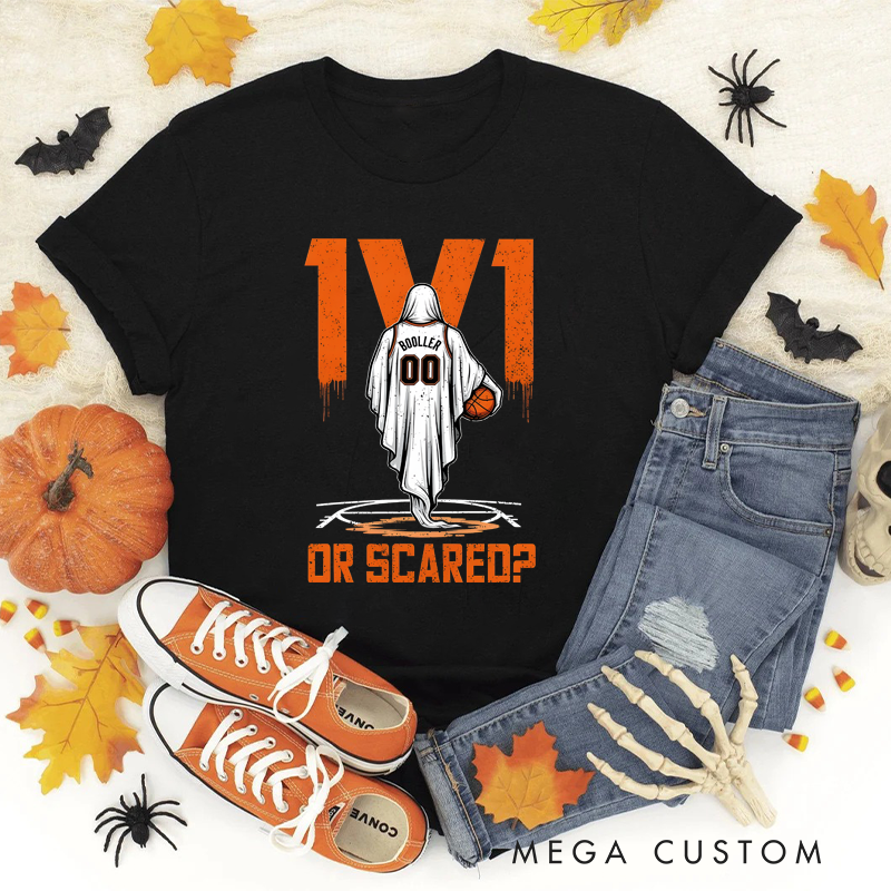 Personalized Halloween Basketball T-Shirt with Ghost Player, Custom Name, and Number Design