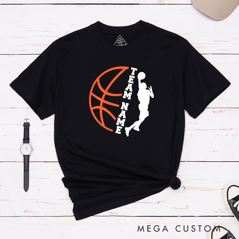 Personalized Basketball Team T-Shirt Design Featuring Custom Team Name Player Silhouette Bold Orange Basketball Graphic