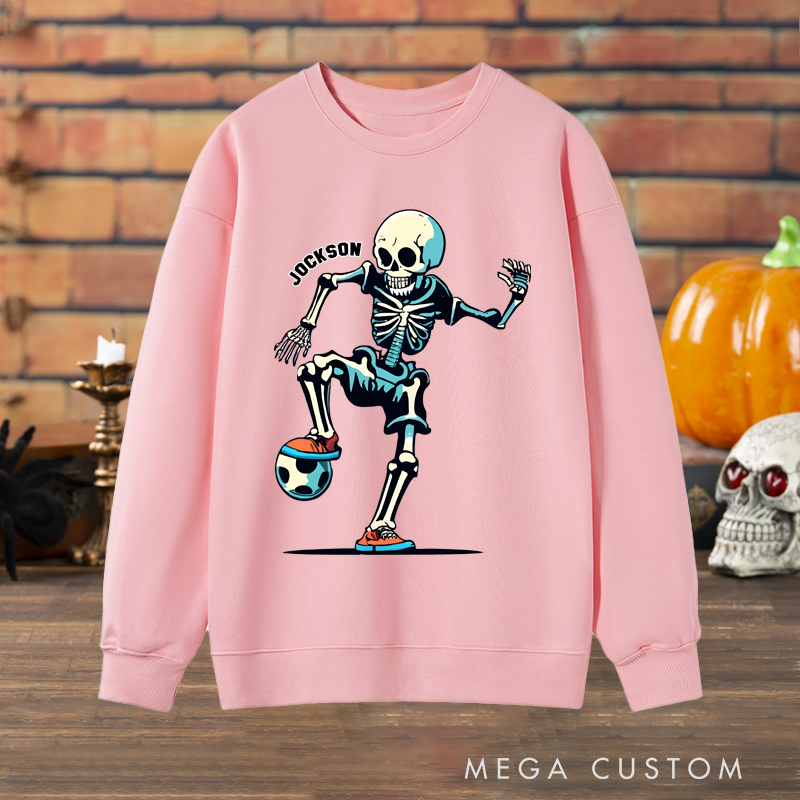 Personalized Halloween Soccer Sweatshirt with Skeleton Player and Custom Name Design