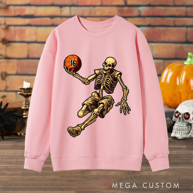 Personalized Halloween Basketball Sweatshirt with Skeleton Player and Custom Number Design