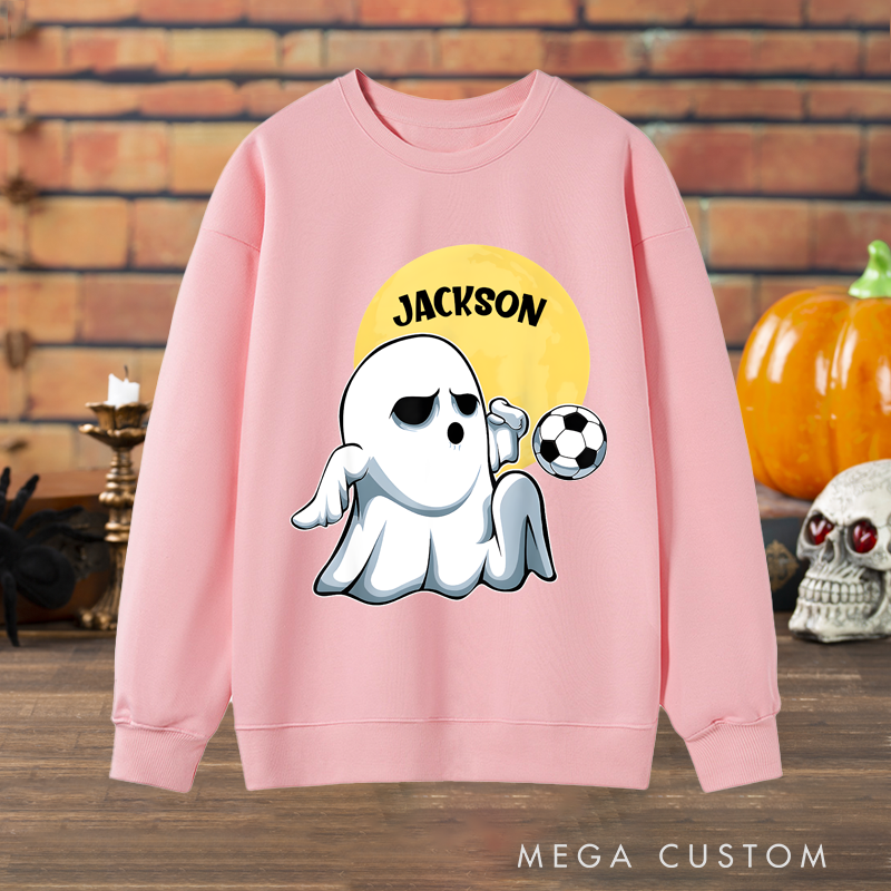 Personalized Halloween Soccer Sweatshirt with Ghost Player and Custom Name Design