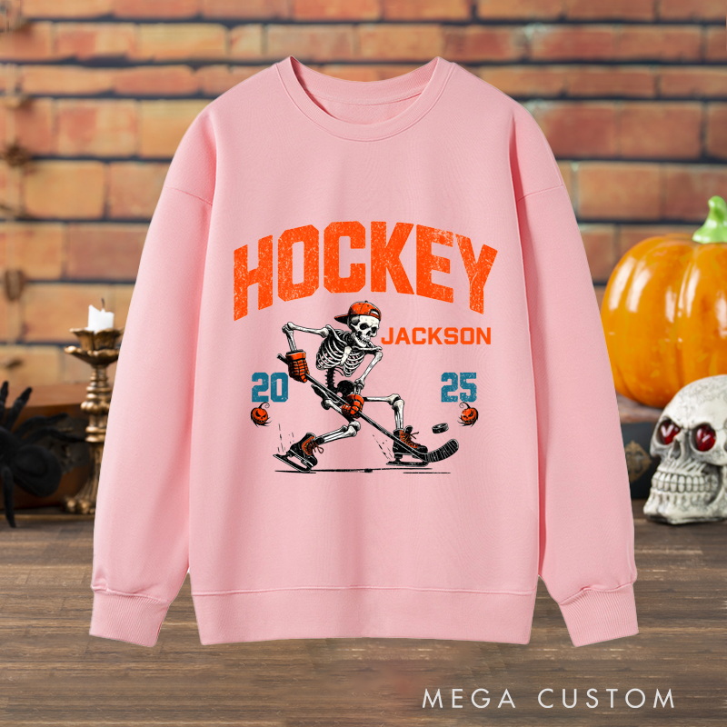 Personalized Halloween Hockey Sweatshirt with Skeleton Player, Custom Name, and Year Design