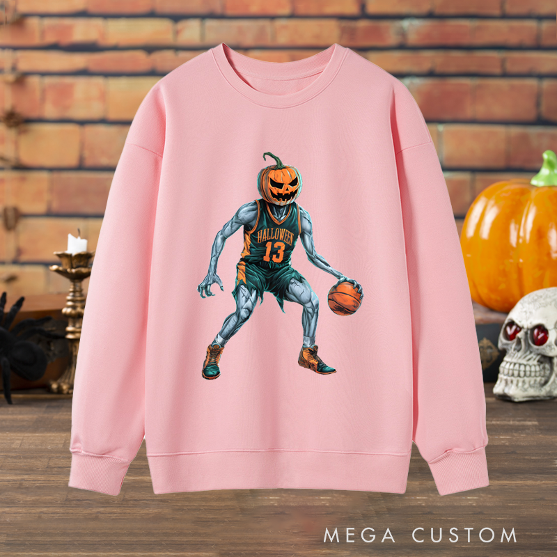 Personalized Halloween Basketball Sweatshirt with Pumpkin Head Player and Custom Number Design