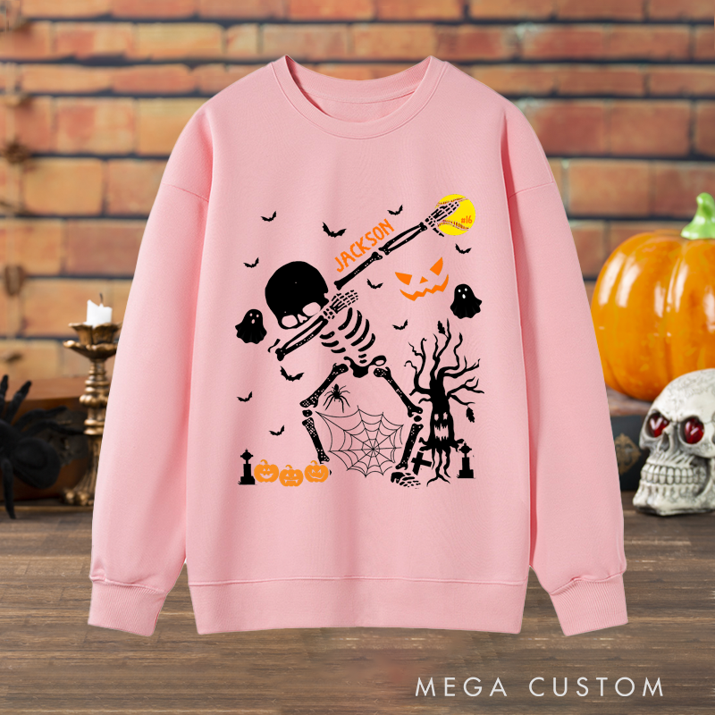 Personalized Halloween Lacrosse Sweatshirt with Skeleton Player, Custom Name, and Number Design