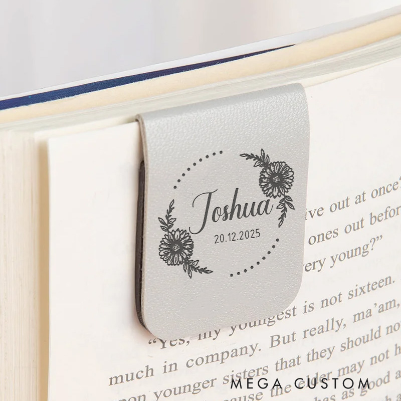Personalized Flower Wreath Magnetic Bookmark Clip Engraved Leather Bookmark with Name Book Lover Bookmark Librarian Gift Reading Lover Gift Bookish Gift 