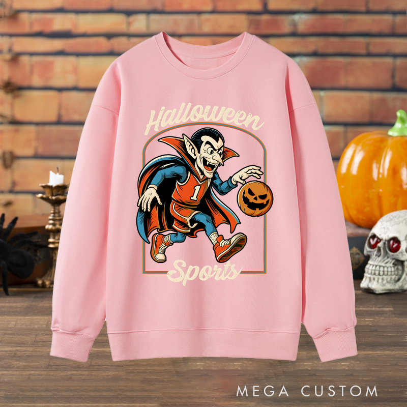 Personalized Halloween Sports Basketball Sweatshirt with Vampire Player, Pumpkin Ball, and Custom Number Design