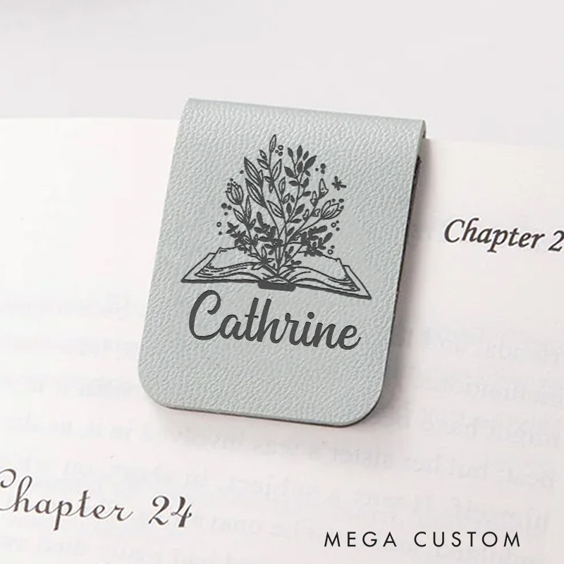 Personalized Book and Flower Magnetic Bookmark Engraved Leather Bookmark Clip with Name Bookish Bookmark Gift Librarian Gift Reading Gift Book Lover Gift 