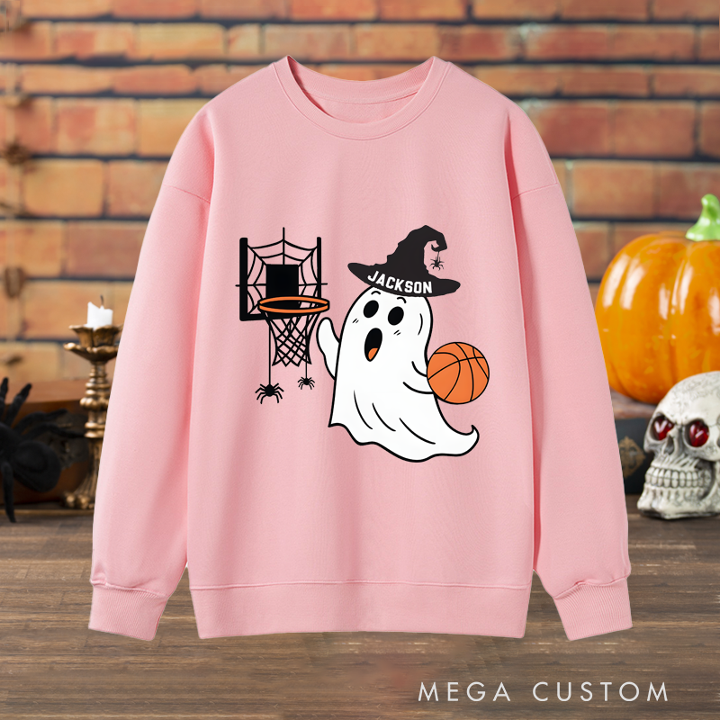 Personalized Halloween Ghost Basketball Sweatshirt with Custom Name and Spooky Hoop Design