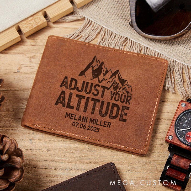 Personalized Engraved Leather Wallet for Traveling Lover Adjust Your Altitude Wallet for Travelers