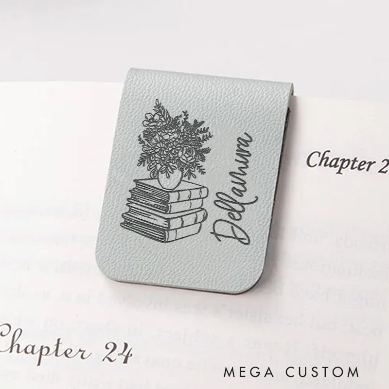 Personalized Book and Vase Flower Magnetic Bookmark Leather Bookmark Clip with Name Librarian Bookmark Book Lover Gift for Reader 