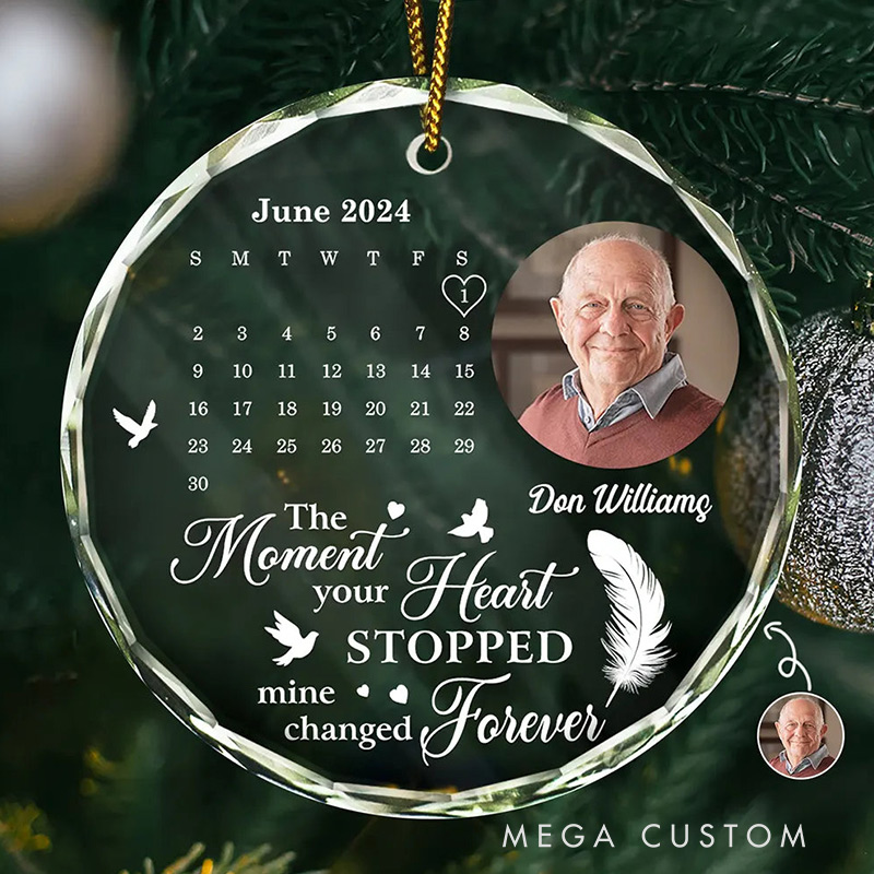 Personalized Memorial Photo Ornament The Moment Your Heart Stopped Memorial Calendar Ornament Circle Glass Ornament  Sympathy Gift