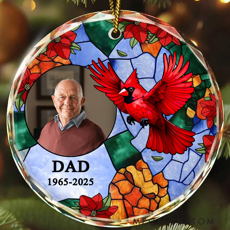 Personalized Memorial Photo Ornament Cardinal Loss of Dad Ornament Circle Glass Ornament Sympathy Gift