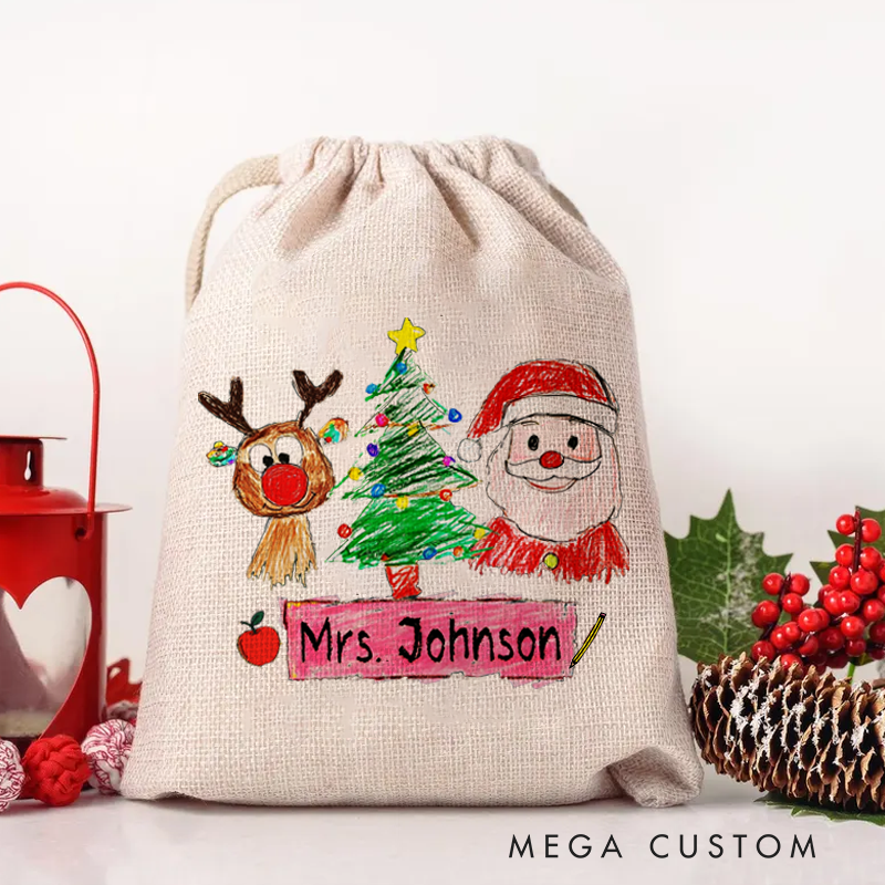 Personalised Christmas Santa Sack for Teachers Custom Cute Rudolph Christmas Tree Santa Claus Design Sack Christmas Gift