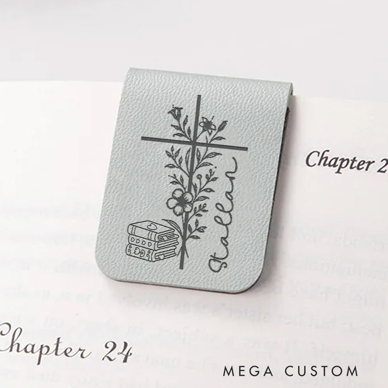 Personalized Book and Flower Cross Magnetic Bookmark Engraved Leather Bookmark Clip with Name Book Lover Gift for Librarian Gift