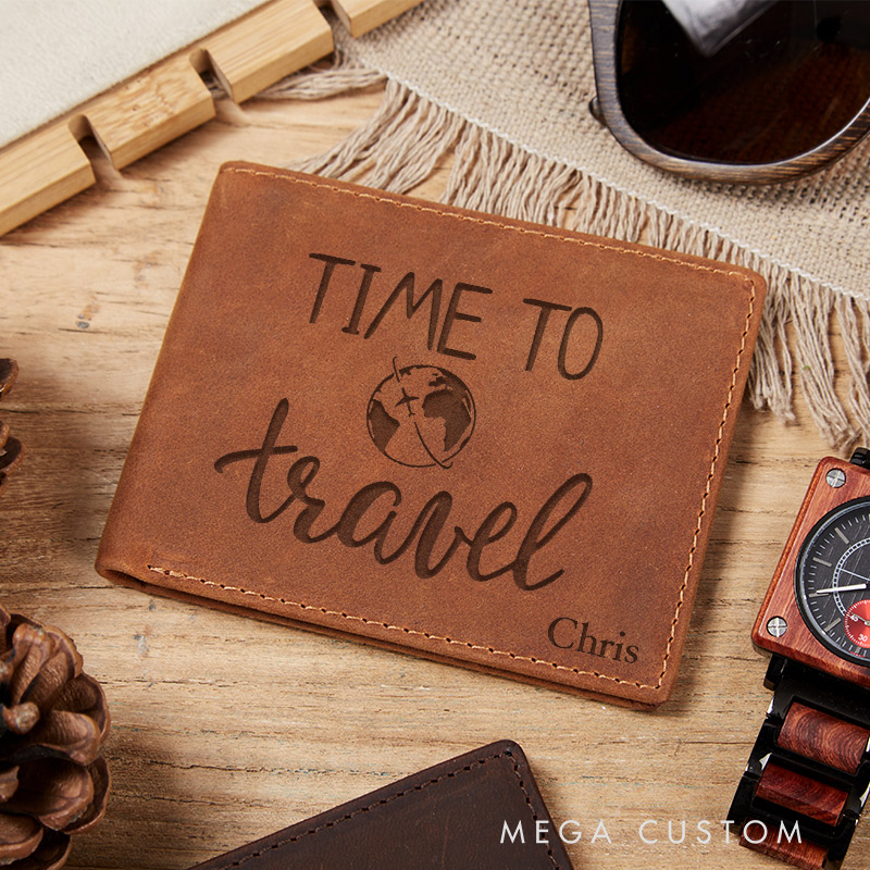 Personalized Time to Travel Engraved Leather Wallet for Traveling Gift for Travelers