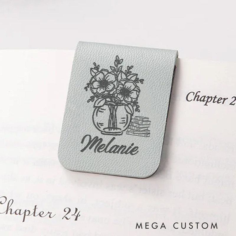 Personalized Vase and Book Magnetic Bookmark with Name Leather Bookmark Clip for Her Book Lover Gift for Bookish Gift
