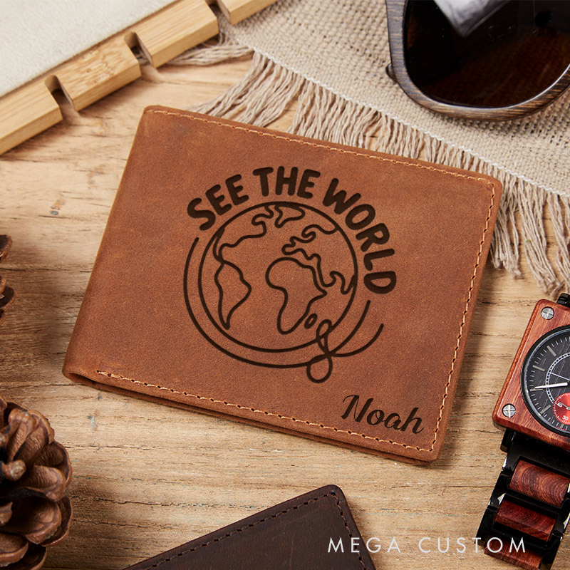 Personalized See the World Engraved Leather Wallet for Traveling Gift for Travelers