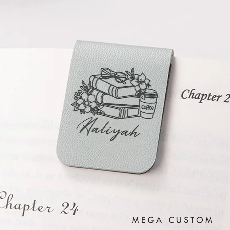 Personalized Flower Book and Coffee Magnetic Bookmark Engraved Leather Bookmark Clip with Name Bookmark for Book Lover Gift for Reading Lover Gift