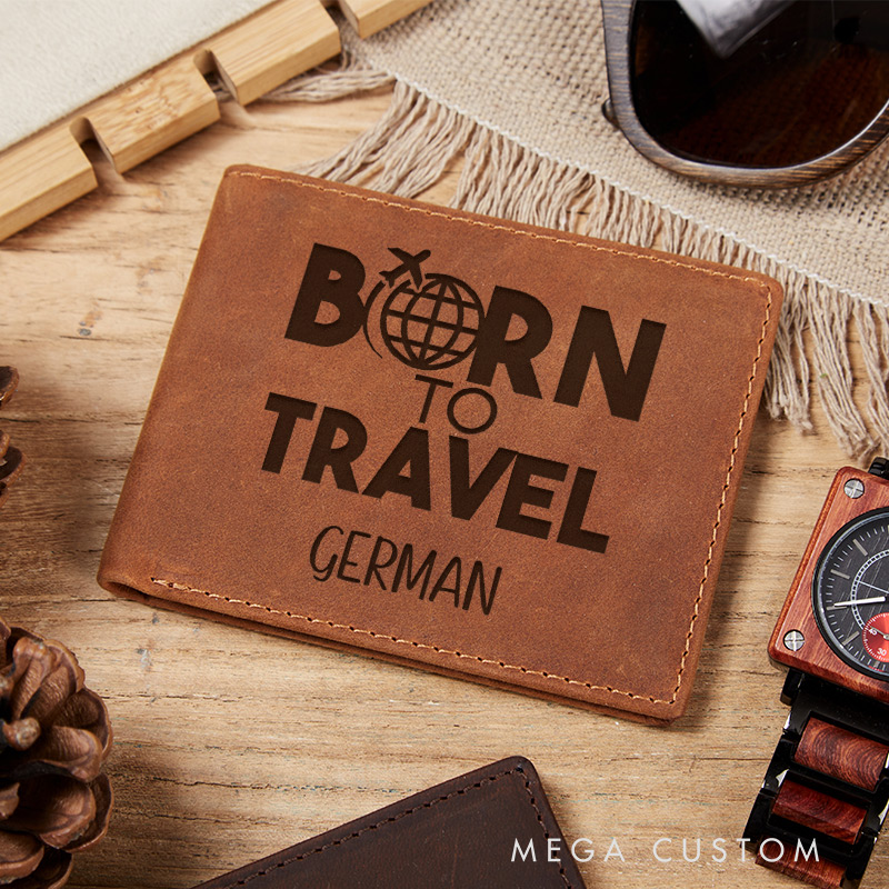 Personalized Born to Travel Engraved Leather Wallet for Traveling Gift for Travelers