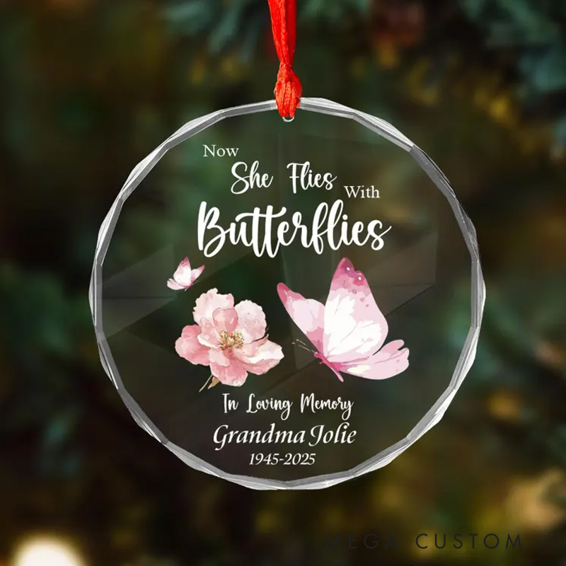Personalized Memorial Ornament Now She Flies With Butterflies Memorial Glass Ornament Sympathy Gift for Loss of Grandma Bereavement Gift