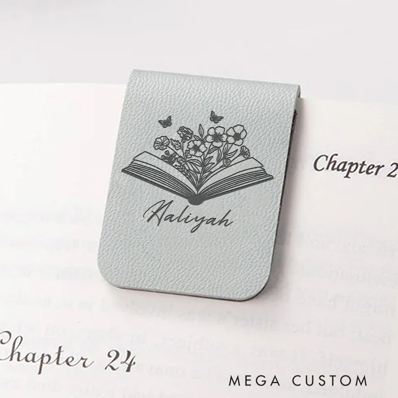 Personalized Opened Book and Flower Magnetic Bookmark Engraved Leather Name Bookmark Clip for Women Bookmark Book Lover Gift for Bookish Gift