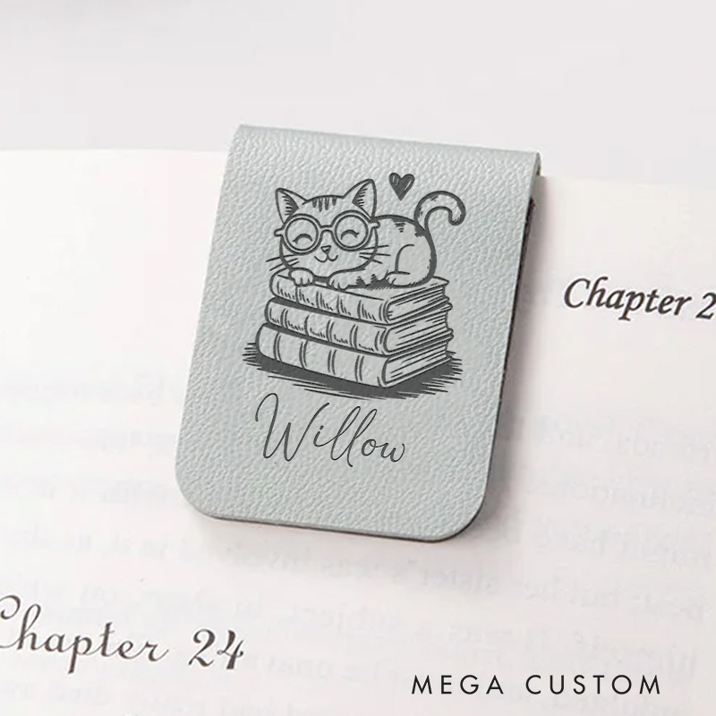 Personalized Book and Cute Cat Magnetic Bookmark Engraved Leather Bookmark Clip with Name Women Bookmark Book Lover Gift for Librarian Gift
