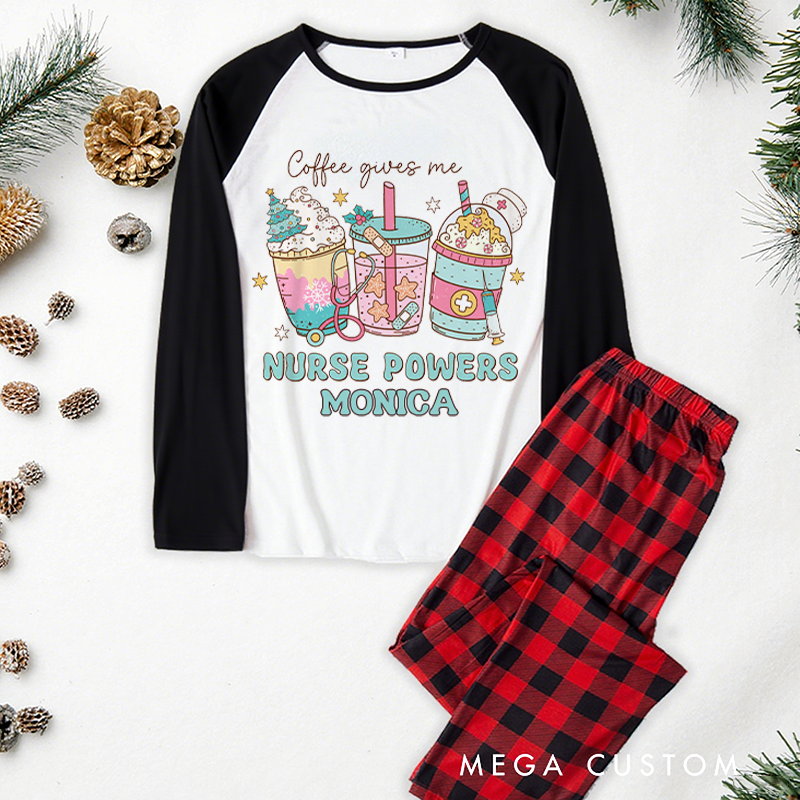 Personalized Nurse Christmas Pajama Sets Custom Coffee Gives Me Nurse Powers Design Pajamas Xmas Gift