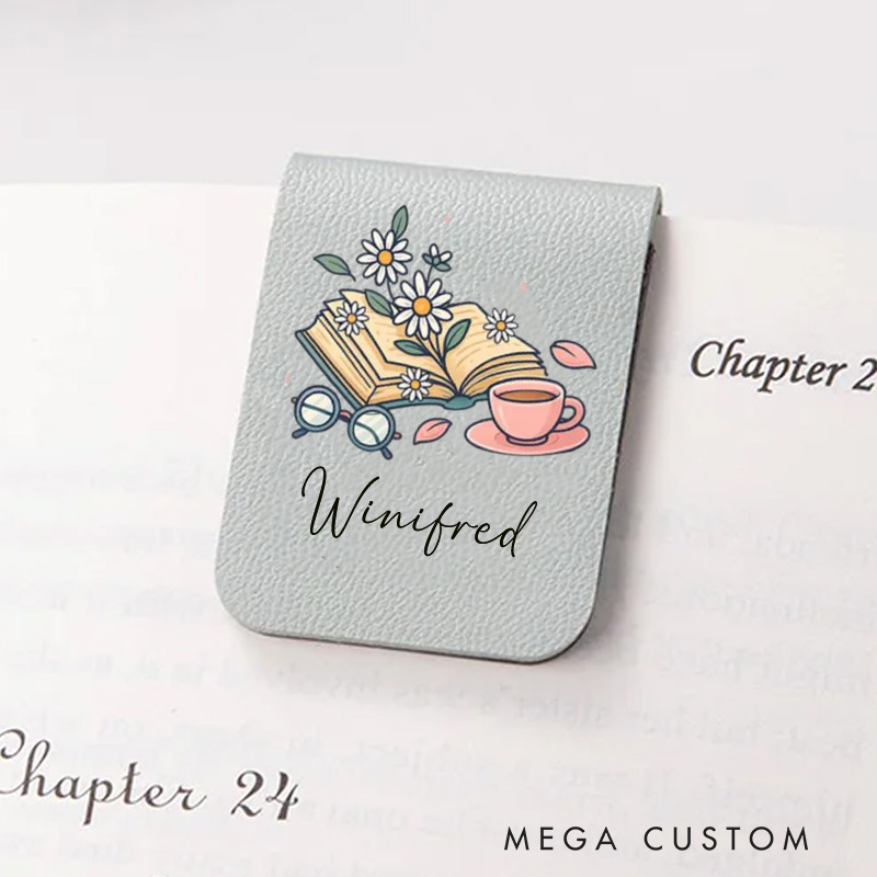 Personalized Book Flower and Coffee Magnetic Bookmark Engraved Leather Name Bookmark Clip Women Bookmark Book Lover Gift for Reading Gift