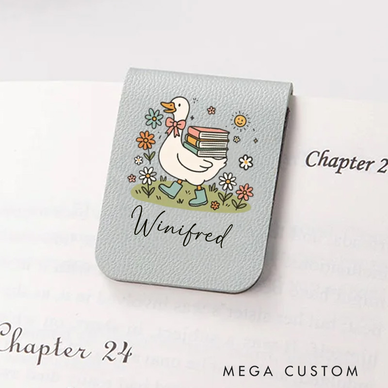 Personalized Duck Book and Flower Magnetic Bookmark Engraved Leather Bookmark Clip with Name Women Bookmark Book Lover Gift for Reading Gift