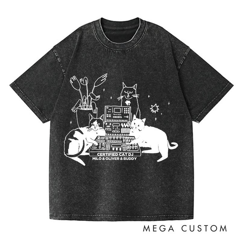 Personalized  Washed T-Shirts with Cat Sitting on Synthesizer and DJ Cat Illustration and Available in Multiple Colors
