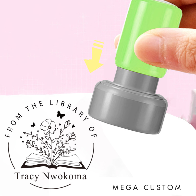 Personalized from the Library of Book Stamp Round Book Stamp with Name Custom Book Flower Stamp with Name Book Lover Gift Librarian Gift