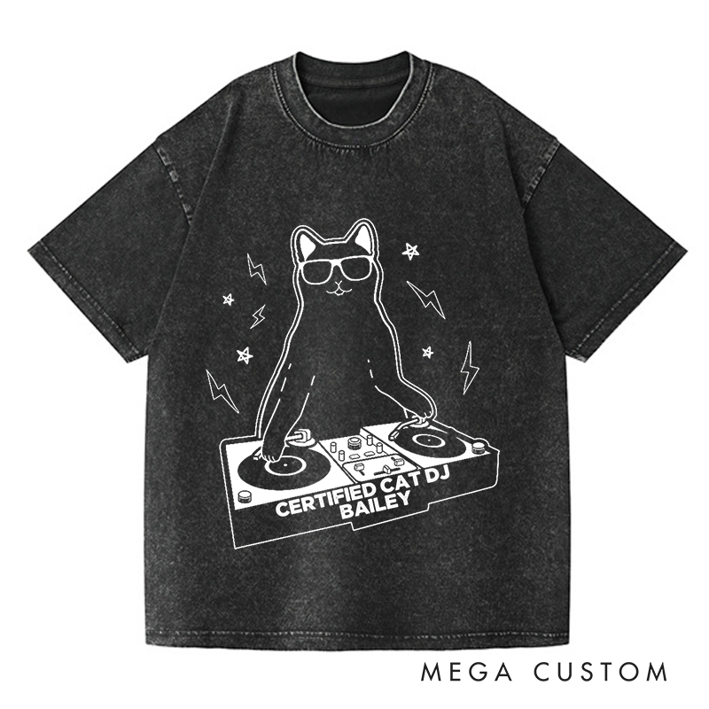 Personalized  Washed T-Shirts Funny Cat DJ Turntable T-Shirt