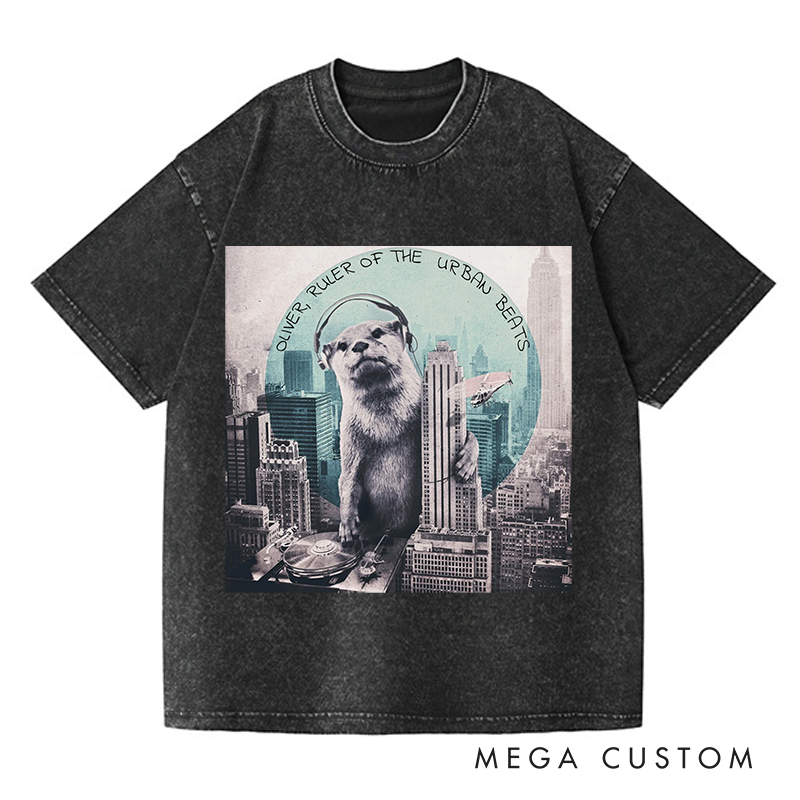 Personalized  Washed T-Shirts Funny Otter DJ Skyline Design and Unique Otter DJ Music Lover T-Shirt