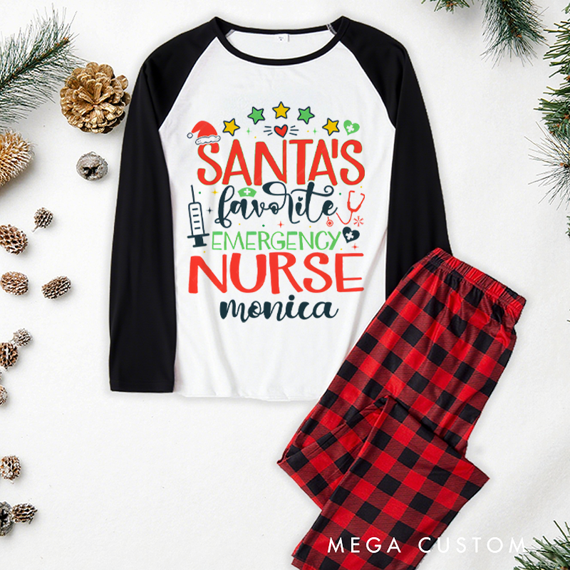 Personalized Nurse Christmas Pajama Sets Custom Santa's Favorite Emergence Nurse Design Pajamas Xmas Gift