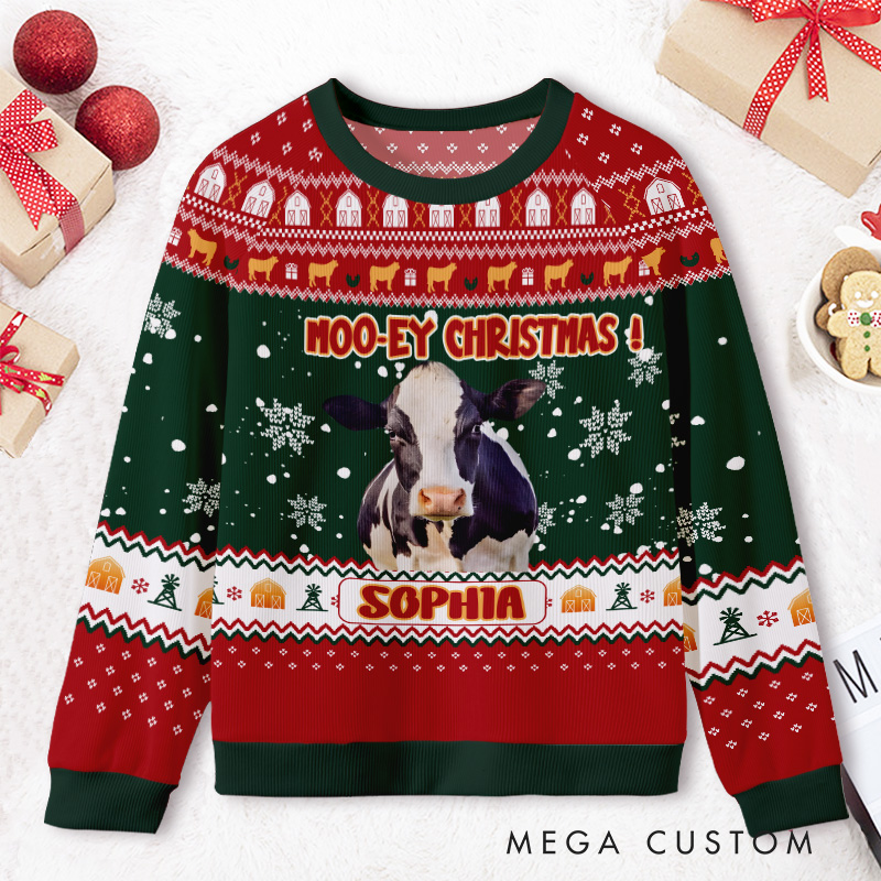 Personalized Cow with Christmas Lights Photo Kids Ugly Christmas Sweater  