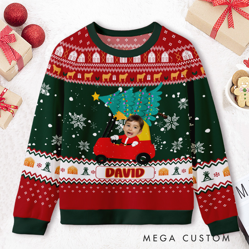 Personalized Red Car with Christmas Tree Photo Kids Ugly Christmas Sweater  