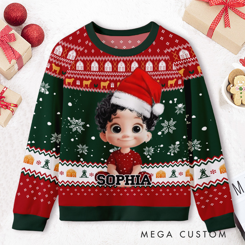 Personalized Festive Snowflake Photo Frame Kids Ugly Christmas Sweater 