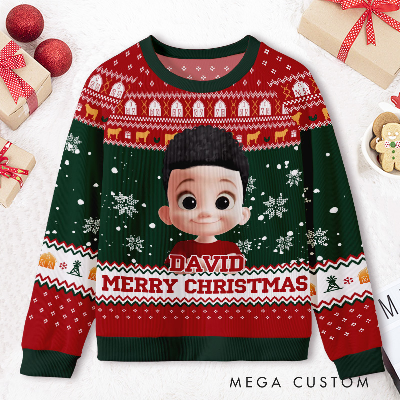 Personalized Merry Christmas Photo Frame Kids Ugly Christmas Sweater 