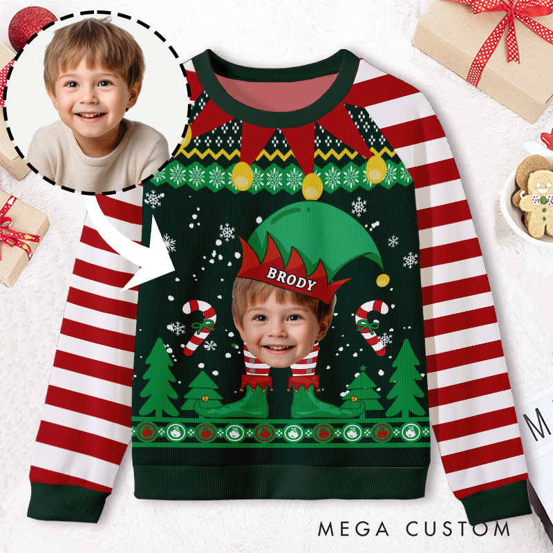 Personalized Elf Costume with Striped Sleeves Photo Kids Ugly Christmas Sweater 