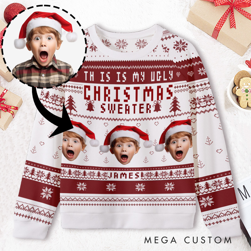 ersonalized Festive Red and White Photo Frame Kids Ugly Christmas Sweater