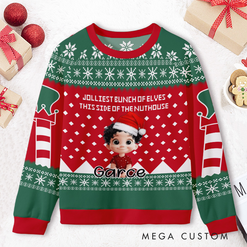 Personalized Christmas Elf Pattern Kids Ugly Christmas Sweater