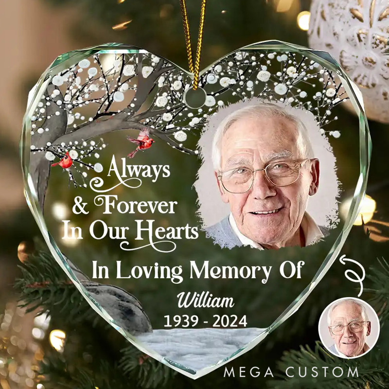 Personalized Memorial Photo Ornament Always And Forever In Our Hearts Memorial Ornament Heart Shaped Glass Christmas Ornament Sympathy Gift