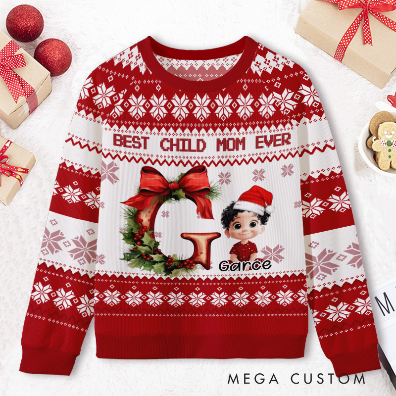 Personalized Elf and Snowman Scene Kids Ugly Christmas Sweater