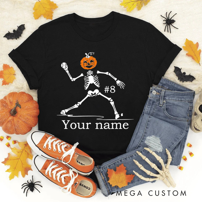 Personalized Skeleton Pitcher T-Shirt with Custom Name and Number 
