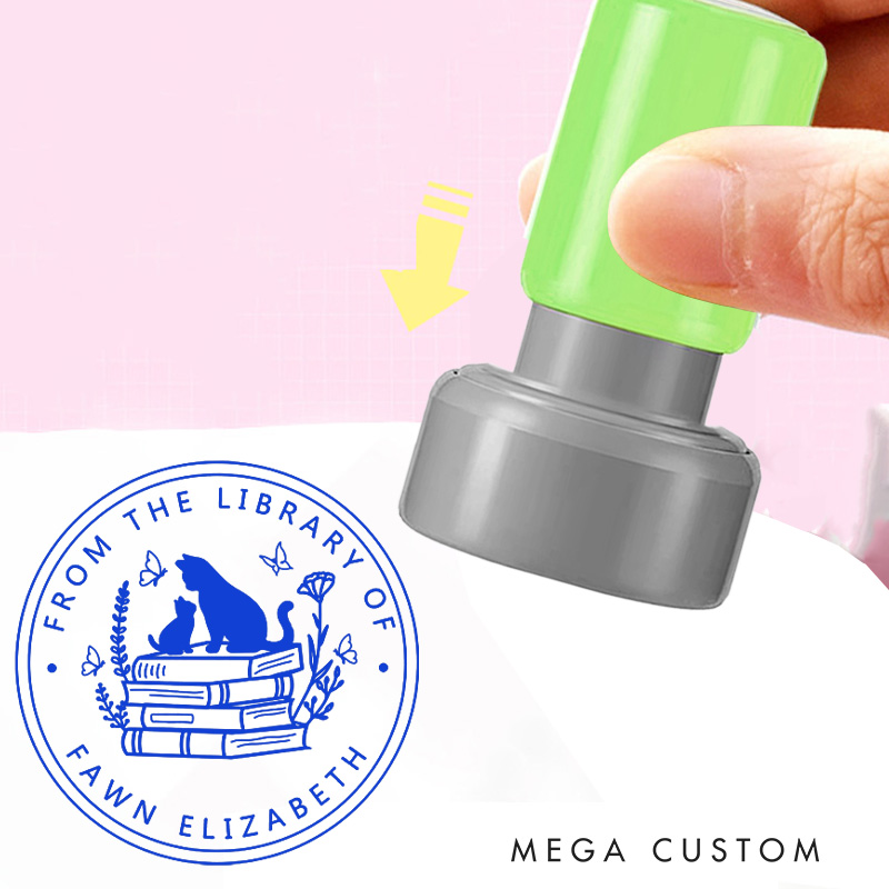 Personalized from the Library of Book Stamp Custom Round Cat and Book Stamps with Name Library Stamp Book Lover Gift Librarian Gift for Her