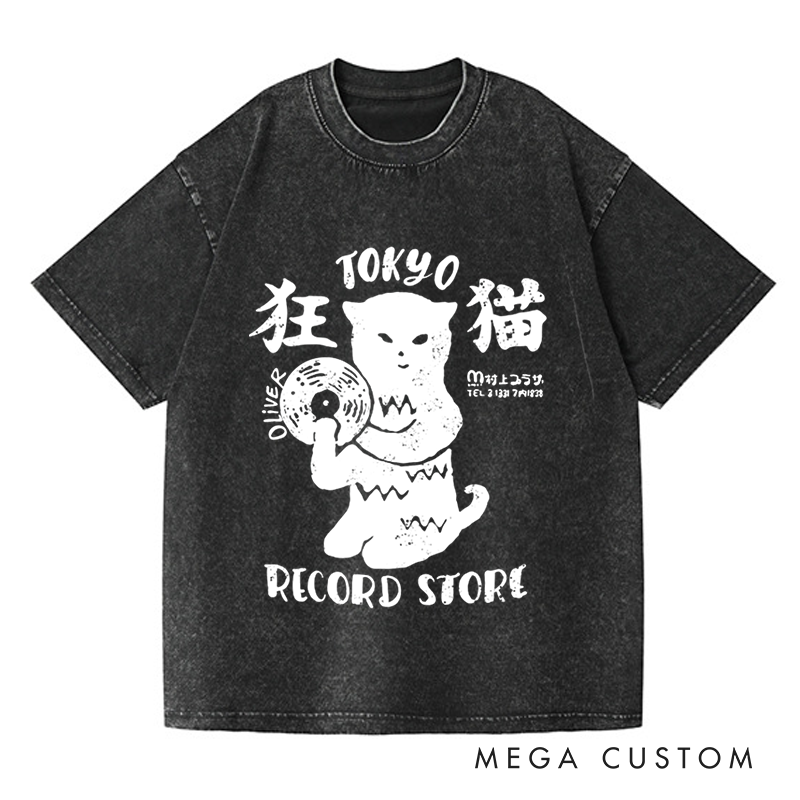 Personalized Washed T-Shirts Tokyo Record Store T-Shirt Vinyl Record Player Cool Vintage Rock Tee DJ Graphic Melting Band Music Tee