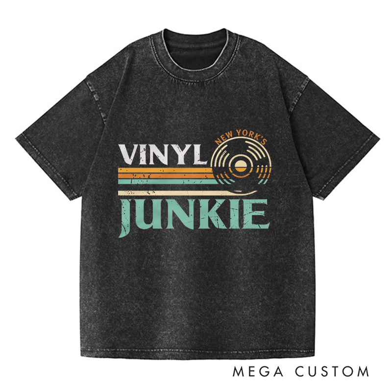 Personalized Washed T-Shirts Vinyl Junkie T-shirt Music Lovers LP Records DJ Turntable Vintage Design Tee Music Collector Gift