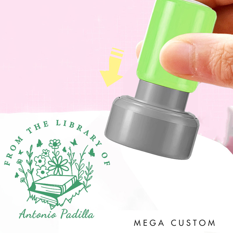 Personalized from the Library of Book Stamp Custom Book and Flower Stamps with Name Library Stamp Inking Stamp for Book Lover Gift Librarian Gift 